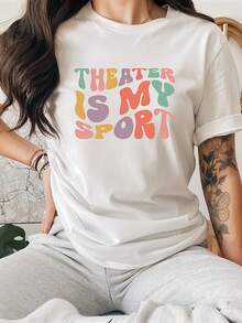 1 Women's Casual Short Sleeve T-Shirt, Printed With The Phrase "Theatre Is My Sport", Round Neck Summer T-Shirt, Sports Top In Various Sizes, 180g 100% Cotton. - 白色 - 查看 12