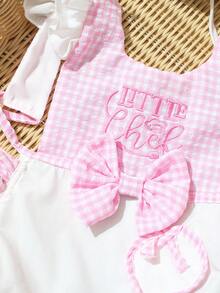 Disfraz de Chef Bordado en Rosa Bebé para Fotografía, Conjunto de Gorro de Chef con Lazo & Delantal, Atuendo de Accesorio Fotográfico Unisex para Bebé/Niño Pequeño - blanco rosado - Ver 9