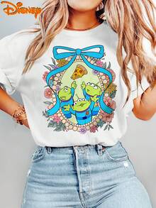 Authentic Women's Disney Plus Size Short Sleeve T-Shirt, Cute Cartoon Toy Story Three-Eyed Alien And Castle Double-Sided Print, Round Neck Summer Plus Size Tee, Suitable For Spring, Summer, And Autumn, Disney Journey, Fashionable Casual Everyday - 白色 - 查看 2