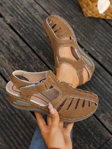 Cutout Detail Wedge Closed Toe Sandals, Women's Casual Summer Outdoor Footwear - 棕色 - 查看 3