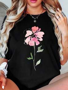 Bohemio Women's T Shirt With Pink Floral Print For Casual Wear,Camiseta Algodón - Negro - Ver 3
