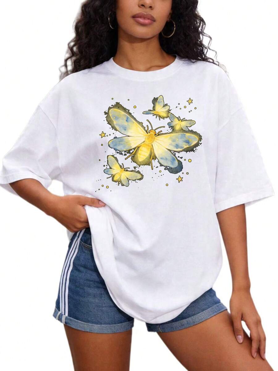 Women's Premium Butterfly Print Crew Neck Basic T-Shirt, Sizes S-2XL, 100% Solid Color, Available In Black And White, Summer Casual Wear, Suitable For Families And Couples, A Perfect Mother's Day Gift For Mom, Relatives And Close Friends, . - 白色 - 查看 1