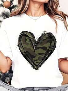 Soft, Breathable, And Lightweight For All-Day Comfort. Women's Camouflage Heart Print T-Shirt With A Crew Neck, Casual Style For Everyday Wear, Soft And Comfortable, Vacation Style, 220g. Classic Crew Neck With A Relaxed Fit That Flatters All Body Shapes And Is Easy To Pair With Jeans, Shorts, And Leggings. - 白色 - 查看 12