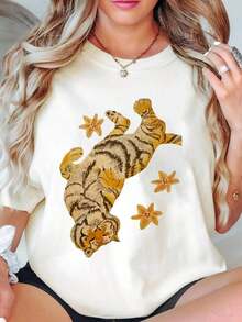 Round Neck T-Shirt With Tiger And Starfish Print For Casual Wear. Women's Casual Blouse - 白色 - 查看 7