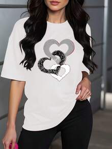 Nueva camiseta de manga corta para mujer, primavera/verano 2025, sencilla y elegante con estampado de anillos en forma de corazón, camiseta versátil de cuello redondo para uso diario, diseño circular - fácil de lavar y mantener para el uso cotidiano. - Blanco - Ver 4