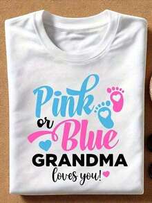 1 Piece Of Summer T-Shirt, 1 Piece Of "Pink Or Blue Grandma" Graphic T-Shirt For Gender Reveal, 100% Cotton, Touching And Festive Design, Color Block Lettering And Paw Print Detail With Heart Accent, T-Shirt For Gender Reveal Party And Family Gatherings For All Seasons. Loose And Comfortable Summer Clothing, Stylish Short-Sleeve Blouse For Women, Loose, Comfortable, Breathable, For Everyday Wear, 180g 100% Cotton. - 白色 3 - 查看 7