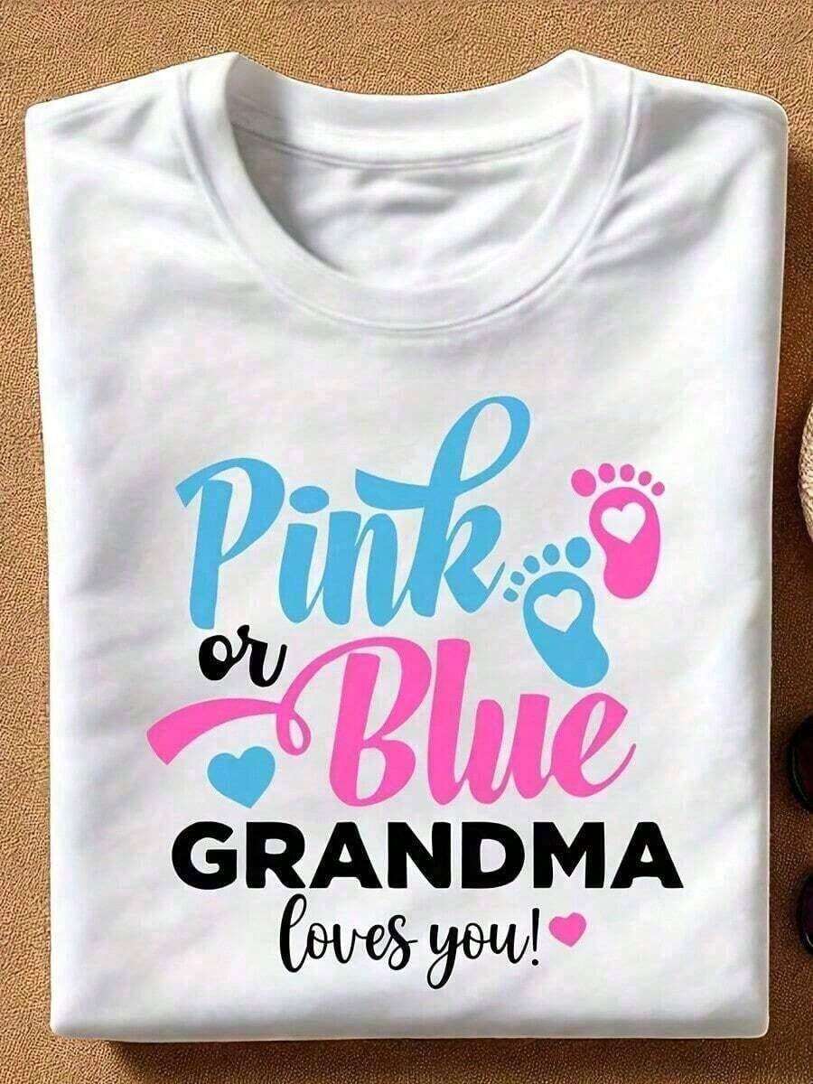 1 Piece Of Summer T-Shirt, 1 Piece Of "Pink Or Blue Grandma" Graphic T-Shirt For Gender Reveal, 100% Cotton, Touching And Festive Design, Color Block Lettering And Paw Print Detail With Heart Accent, T-Shirt For Gender Reveal Party And Family Gatherings For All Seasons. Loose And Comfortable Summer Clothing, Stylish Short-Sleeve Blouse For Women, Loose, Comfortable, Breathable, For Everyday Wear, 180g 100% Cotton. - 白色 15 - 查看 1