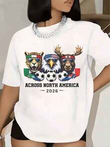 Women's T-Shirt With Animal Print North American Football Team 2026, Short Sleeve, Round Neck, Casual Summer Style, Basic Blouse For Women, Women's Blouse, Urban Style T-Shirt, Casual T-Shirt For Festivals And Daily Wear. - 白色 - 查看 1