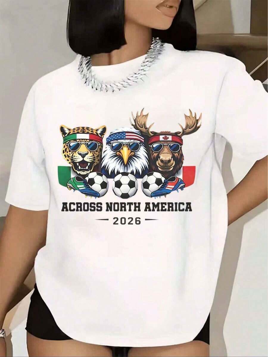 Women's T-Shirt With Animal Print North American Football Team 2026, Short Sleeve, Round Neck, Casual Summer Style, Basic Blouse For Women, Women's Blouse, Urban Style T-Shirt, Casual T-Shirt For Festivals And Daily Wear. - 白色 - 查看 1