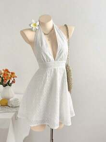 Vestido midi casual para mujer, uso versátil diario, vestido de slip-on de unicolor con cuello en V profundo de encaje, primavera/verano - Blanco - Ver 7