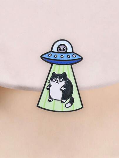 Ghim cài áo hình mèo UFO bằng men, phụ kiện sưu tầm độc đáo, món quà hoàn hảo cho người yêu UFO và mèo, chất liệu men bền chắc.