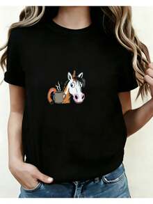 Women's Casual Sports T-Shirt With Colorful Cartoon Horse Graphic - Black Elastic Crew Neck T-Shirt, Machine Washable, Comfortable Fit For All Seasons, For Horse Lovers And Daily Wear. - 黑色 - 查看 6