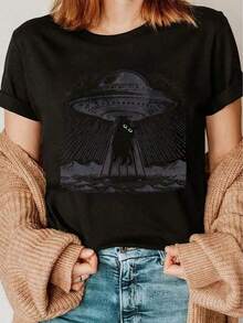 Playeras casuales de mujer - Camiseta de verano para mujer - Camiseta casual elegante con estampado vintage negro UFO - Camiseta de cuello redondo para primavera/verano - Camiseta moderna pa - Negro - Ver 6