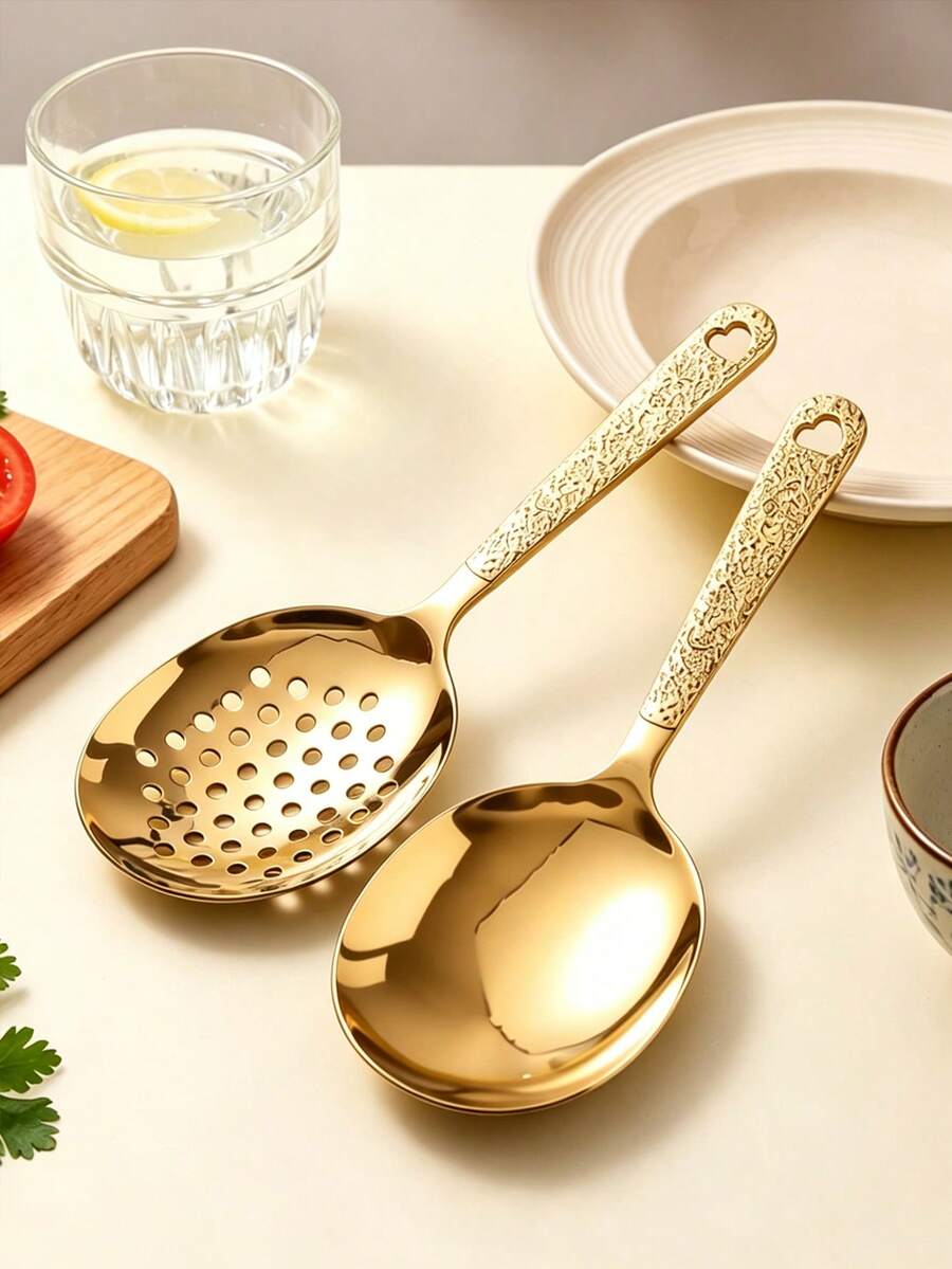 1pc/2pcs Stainless Steel Patterned Buffet Serving Spoon, Ladle, Rice Spoon, Large Serving Spoon, For Party/Banquet/Buffet, Dishwasher , Kitchen Utensil, Housewarming Gift - Gold - View 1