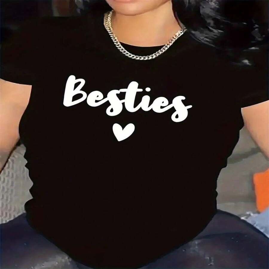 Camiseta para Mejores Amigas | Ligera y Duradera, Ideal para Restaurante o Sala de Estar, Ajuste Cómodo con Diseño Elegante, Regalo Perfecto para Amigas, Top Casual con Detalle de Corazón, Cuello Redondo, Tejido de Elasticidad Media, Estampado S-XXXL - Negro - Ver 1