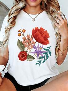 Women's T-Shirt - Soft And Breathable Short-Sleeved T-Shirt With A Floral Print And Round Neck, Ideal As A Gift For Mom, Wife, Or Girlfriend. It's A Casual Summer Blouse With An A-Line Cut And Regular Fit, Machine Washable, Suitable For Spring, Summer, And Fall, As Well As For Birthdays And Valentine's Day. - 白色 - 查看 1