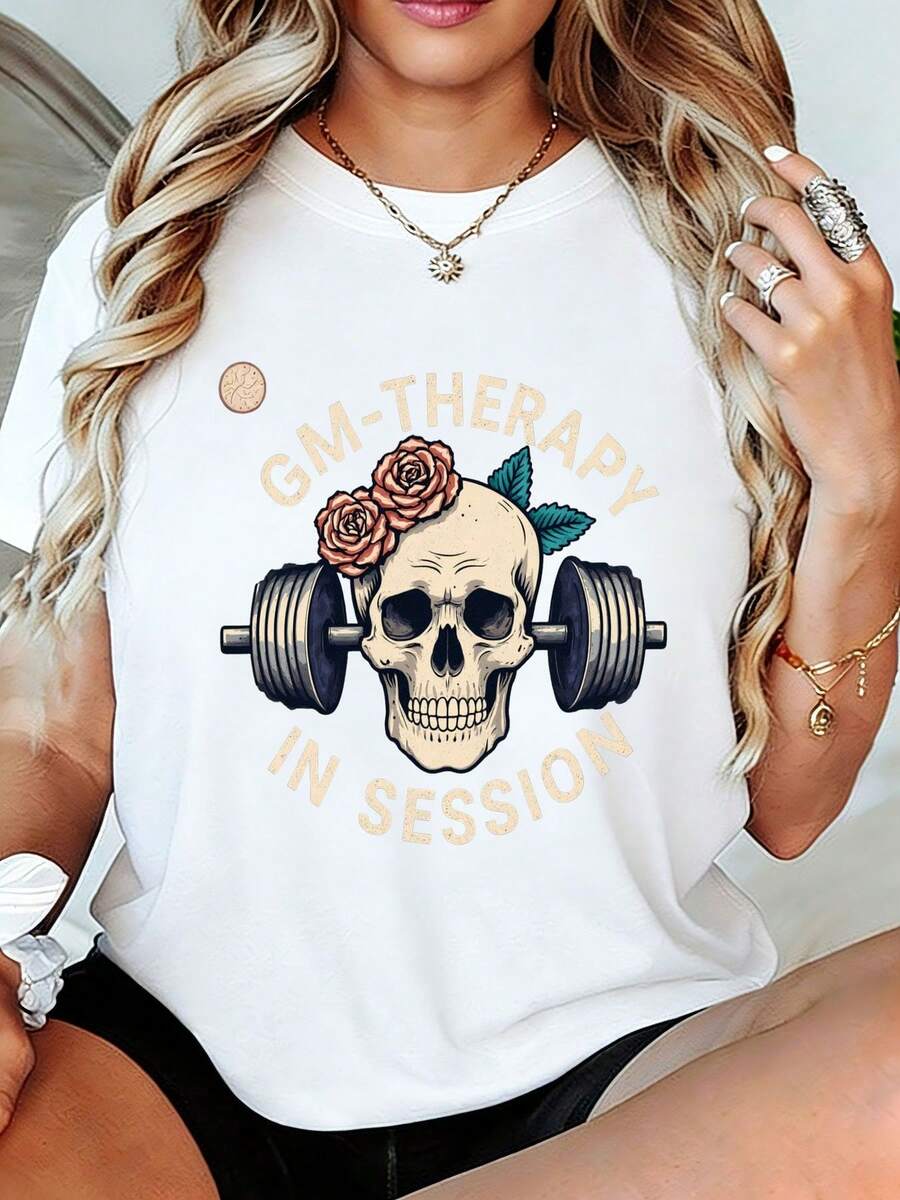 GM Relax In Session Women's T-Shirt With Skull And Rose Bar Design - Casual Printed Crew Neck T-Shirt, Soft And Breathable Summer Top For Women, Avant-Garde Tattoo Style T-Shirt, Perfect Gift For Couples And For Personal Care. Women's T-Shirts. - 白色 - 查看 1