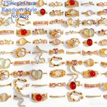 15pcs Geometric Asymmetrical Textured Liquid Shape Heart Teardrop Intersect Multi-Layer Minimalist Plain Band Wavy Metal Rings Set, Fashion Elegant Vintage Design, Suitable For Holiday, Party, Daily Wear, Random Styles - Gold Open Cat's Eye Ring - View 7