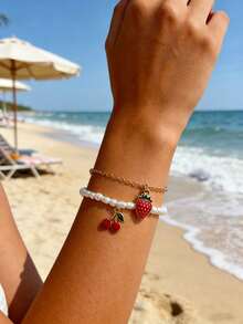 两件套复古时尚性感优雅精致草莓樱桃吊坠手链套装，适合女性日常休闲、派对、音乐节佩戴，亦可作为节日礼物。 - 白色 - 查看 3