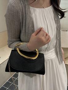 纯色镜面抛光手拿包,欧美时尚链条单肩包,派对手提包,斜挎包 - 黑色 - 查看 9