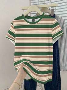Camiseta de mujer de manga corta con rayas anchas verdes vintage, top casual de cuello redondo para el verano - Multicolor 21 - Ver 3