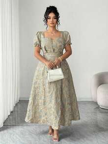 Vestido maxi de mujer talla grande con elegante estampado floral jacquard, cuello cuadrado y cintura ceñida.Adecuado para volver al colegio, graduación, San Valentín, Navidad, festivales de música, Día de la Madre, Halloween, Acción de Gracias, Pascua, baile de graduación, citas, temporada de bodas, excursiones al aire libre - Multicolor - Ver 3