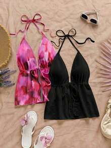 Set de 2 tops de camisola con cuello de halter, uno con estampado abstracto texturizado fucsia elegante y versátil para vacaciones, y otro de color negro sólido, cómodos para primavera/verano - Multicolor - Ver 6