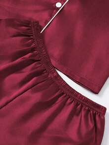Conjunto de pijama de 3 piezas para mujer con cuello de seda falsa de unicolor y ribete contrastante - Burdeos 2 - Ver 6