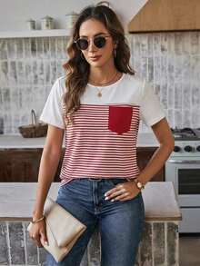 Camiseta de mujer de manga corta con bolsillo y rayas, informal - Rojo - Ver 3