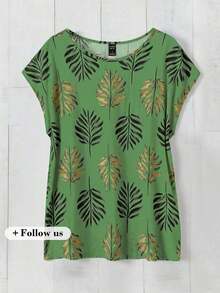 Blusa de manga de murciélago con estampado de plantas tropicales para vacaciones - Verde - Ver 6