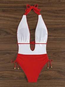 Mujeres traje de baño de una pieza con escote en V profundo y lazo frontal, espalda abierta, lazo de cuello para vacaciones - Rojo - Ver 2