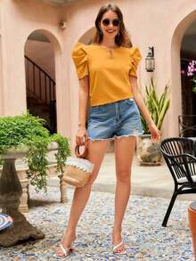 Clasi Blusa de cuello con abertura de ojo de manga farol - Amarillo - Ver 5