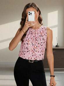 Camisa elegante de mujer de verano con cuello de volantes y estampado abstracto aleatorio, adecuada para diversas ocasiones, camisa verde para ir al trabajo, blusas verdes oscuras para mujer, top verde de verano, tops verdes oscuros para mujer, blu - Rosa - Ver 6