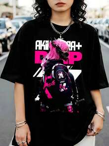 Oversized Black T-Shirt With Pink Cyberpunk Anime Girl Mask, Akiba Drip Tee - Black - View 6