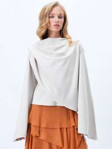 Women's Solid Color Pleated Design Long Sleeve Casual Shirt - Beige - View 5