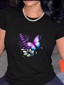 1 Piece Of 100% Cotton Cropped T-Shirt, Casual Round Neck With Print, Butterfly Pink, Breathable Short Sleeve For Everyday Wear - 黑色 - 查看 1