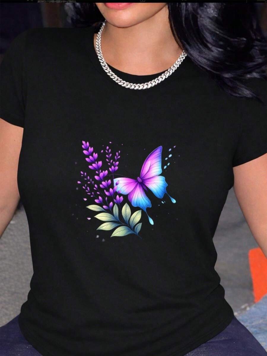 1 Piece Of 100% Cotton Cropped T-Shirt, Casual Round Neck With Print, Butterfly Pink, Breathable Short Sleeve For Everyday Wear - 黑色 - 查看 1