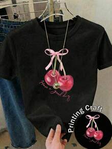 Camiseta Casual Negra de Manga Corta para Mujer, de Poliéster, con Estampado de Cerezas, Cuello Redondo, Corte Regular, para Uso Diario IMVH - Negro - Ver 2