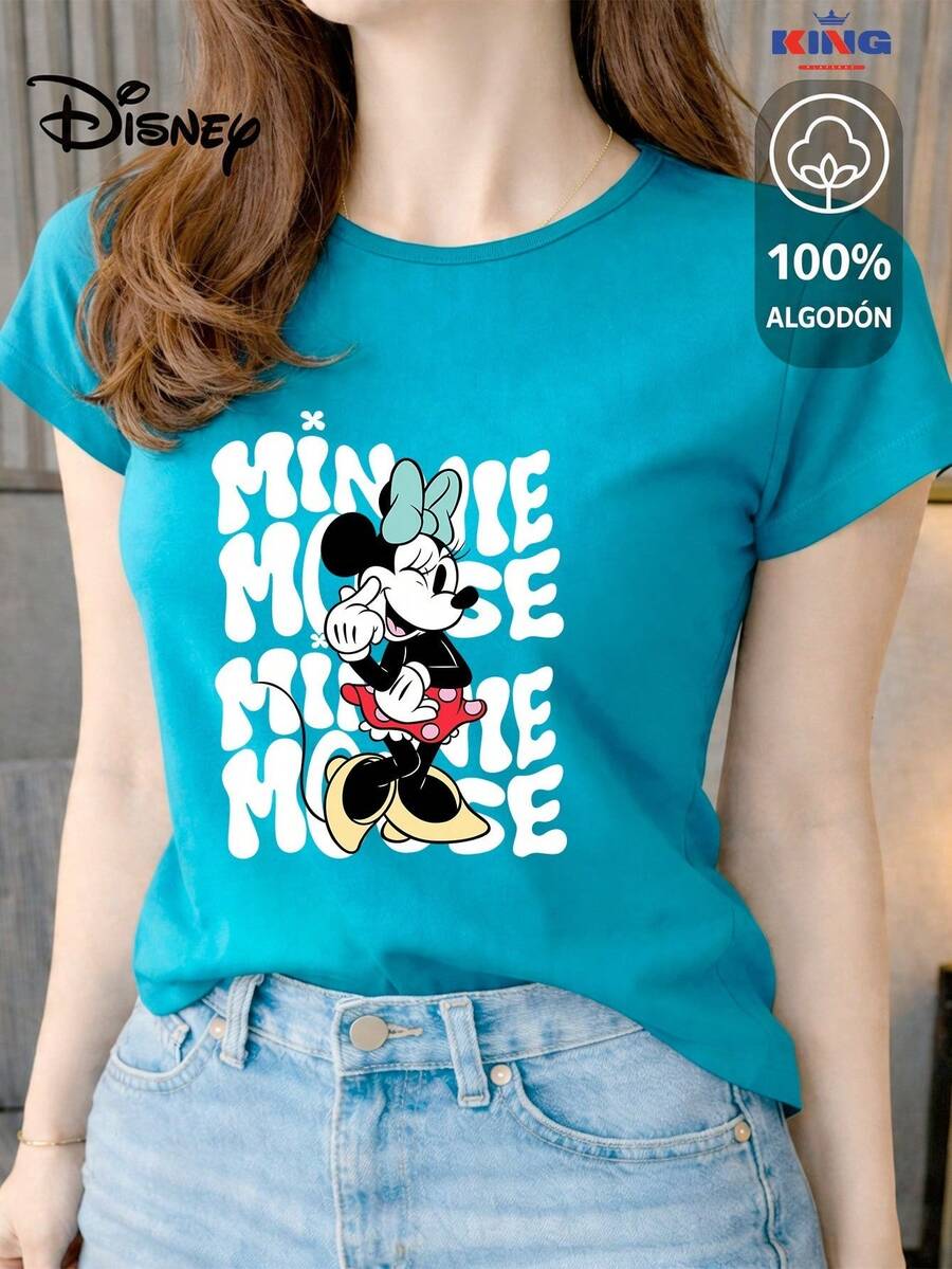 Women's T-Shirt Made Of 100% High-Quality Cotton. This T-Shirt Guarantees Exceptional Softness To The Touch, A Round Neck With A "Disney Minnie Mouse Retro Typography" Print, And Short Sleeves. - 綠松石-東-白 - 查看 1