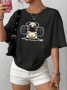 100% Cotton. Puppy Lifting Weights Symbolizing Inner Strength And Playful Cuteness, Inspiring Daily Energy And Determination. Women's T-Shirt, 100% Soft And Comfortable Cotton, Ideal For Casual Wear. Women's Simple Solid Color T-Shirt, Loose And Slim Fit Casual Short Sleeve - 黑色 - 查看 12