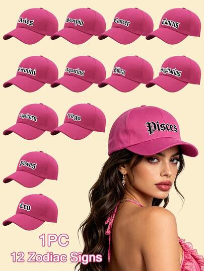 1 PC Women's Hot Pink 12-Zodiac Printed Baseball Cap, Breathable And Fresh Dad Hat For Spring, Suitable For Park Flower Viewing/Spring Picnic/Girl Cycling/Urban Spring Outings/Outdoor Cafe And More Occasions,Beach,Travel