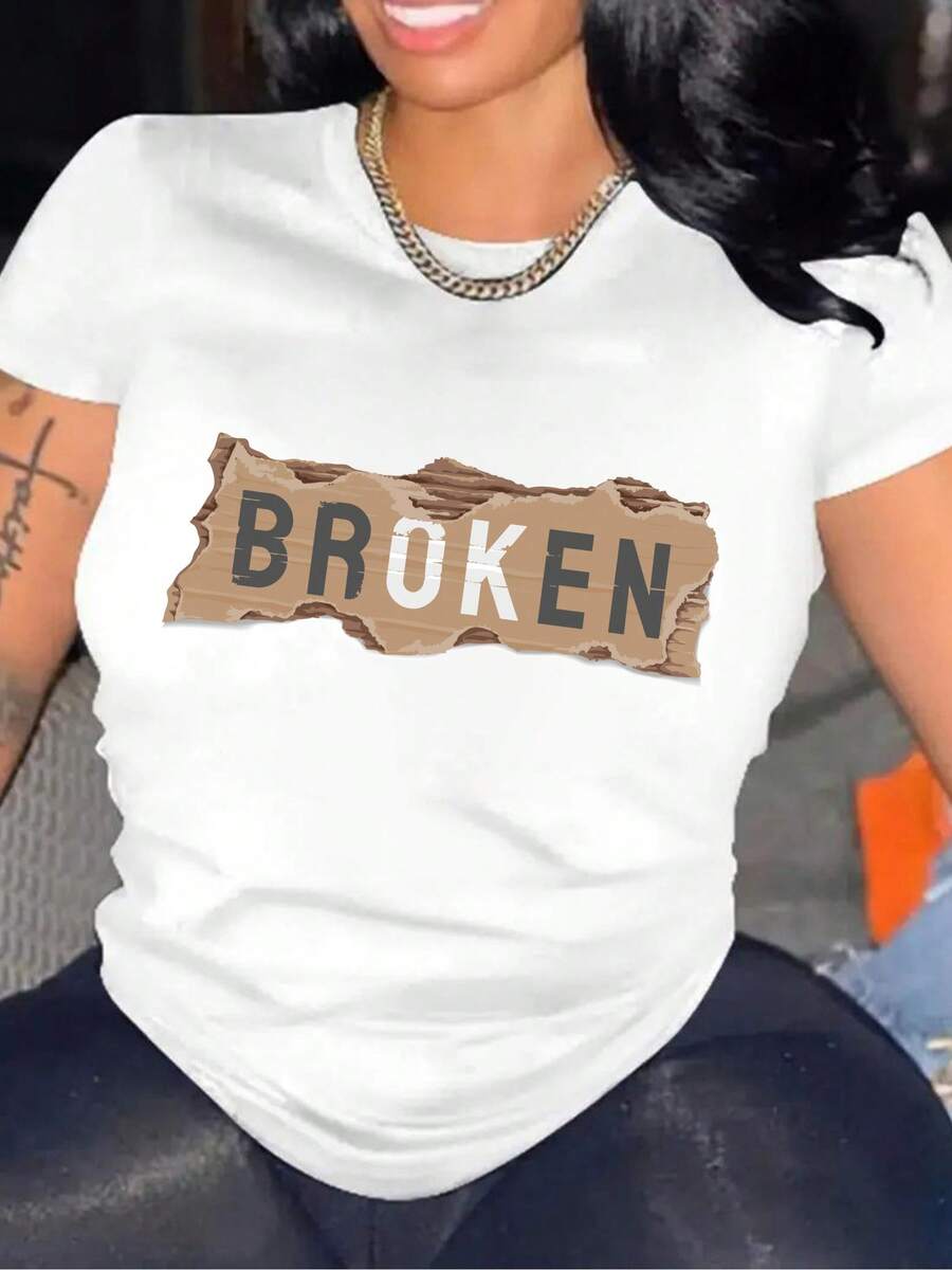 Women's Size T-Shirt With BROKEN Print - Beige With Distressed Letter Print, Breathable And Comfortable Casual Top, Loose And Versatile Fashion Garment For All Seasons, Machine Washable Fabric - Unisex Short Sleeve Crew Neck Cotton T-Shirt, Urban Vintage Style. - 白色 - 查看 1