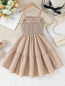 Girls' Casual Jacquard Strap Dress, Suitable For Daily Wear, Summer - Apricot - View 3