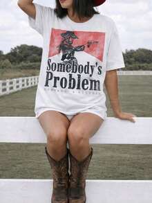 Nueva Llegada 2026: Camiseta Gráfica Western |   Camiseta Casual Holgada para Mujer con Estampado Vintage "Somebody's Problem Cowgirl", Talla Grande, Tela Suave y Transpirable, 100% Algodón, para Uso Diario, Camiseta con Estampado Gráfico - Blanco - Ver 2