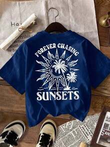 LUNE Women's T-Shirt, Short Sleeve T-Shirt With Urban Casual Graphic Print, Cute Summer T-Shirt With Sunset Print, Graphic T-Shirt For Men, Summer T-Shirt, Hoodie, Sweatshirt, Summer Sets For Women, Hoodies For Summer. - 藏蓝色 - 查看 3