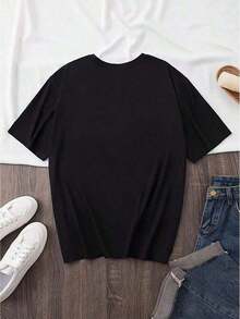 Simple And Versatile Design Short Sleeve T-Shirt With Dog Paw Print And Heart - Unisex, Loose Fit - Comfortable Urban Vintage Style Cotton T-Shirt - 黑色 - 查看 2