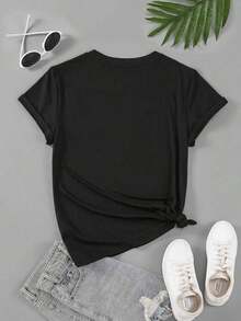 Camiseta de cuello redondo para mujer, con estampado de eslogan, manga corta, camisetas gráficas con frases inspiradoras, tops para mujer. - Negro - Ver 2
