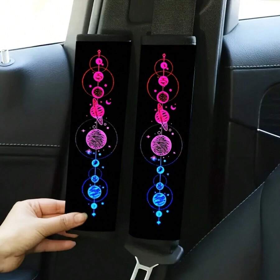 2pcs Neon Planet Print Car Seat Belt Covers, Scratch-Resistant Comfortable Shoulder Pads, Universal Car Interior Accessories - A - View 1