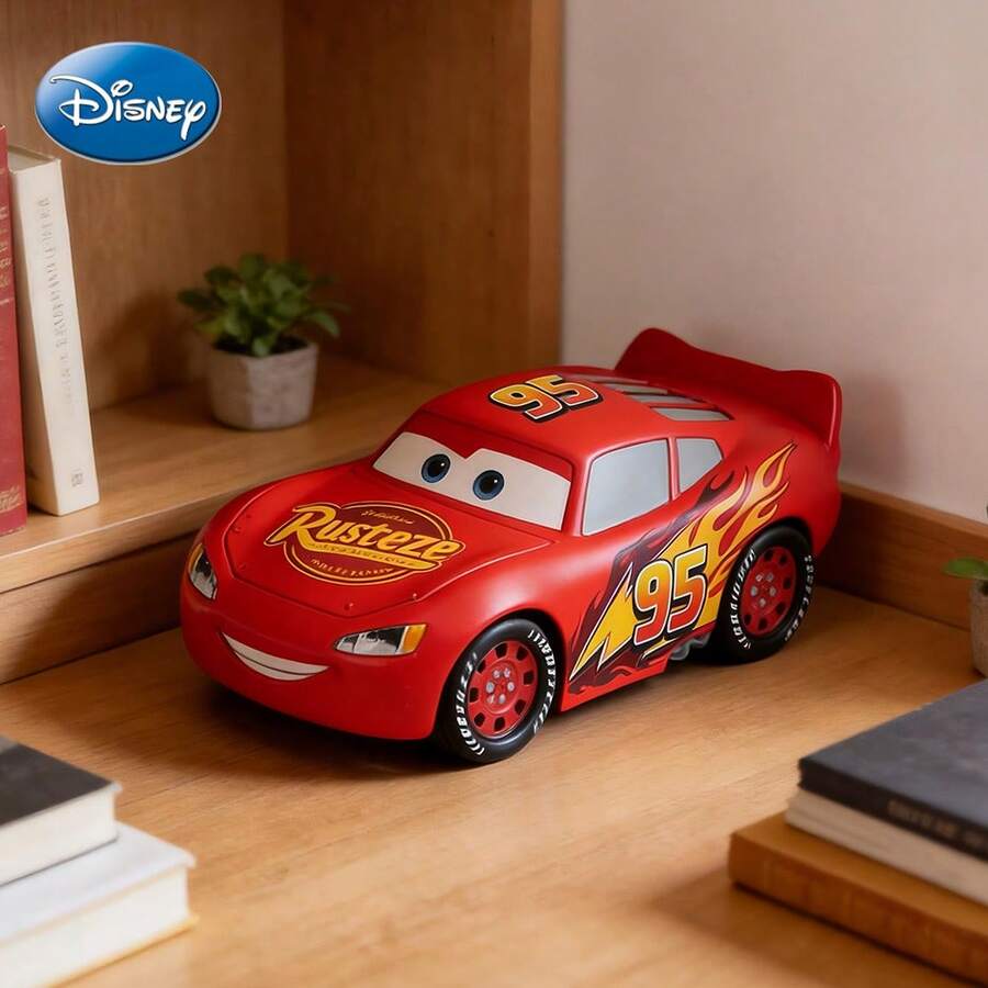 Monogram Disney 迪士尼官方 Cars 3 閃電麥昆存錢筒，可愛卡通賽車錢箱適合兒童，耐用塑料硬幣銀行桌上裝飾，男孩房間裝飾美學，生日聖誕節教育理財禮物
