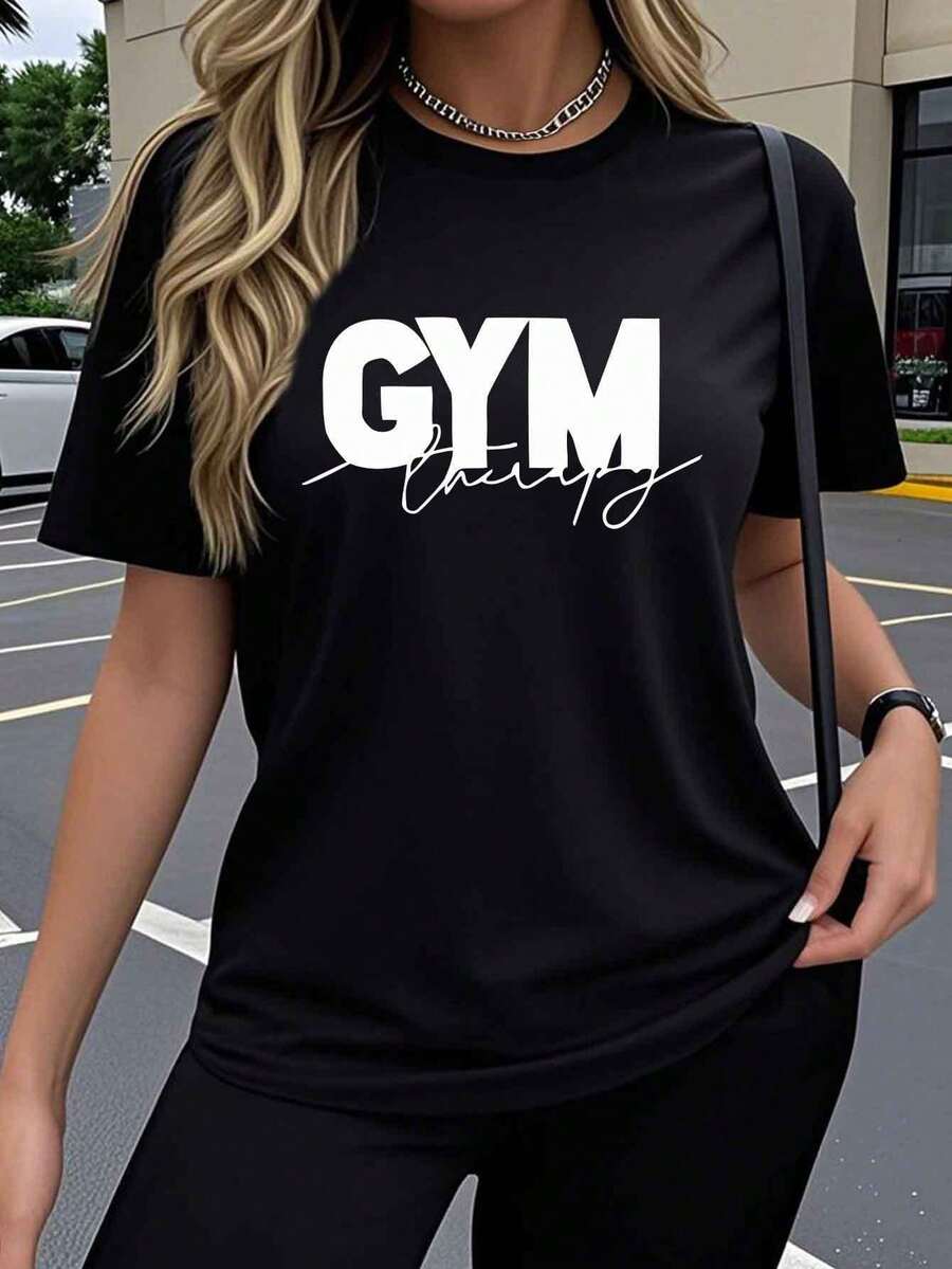 Women's Y2K Style Casual Short-Sleeve T-Shirt, Artistic Gym Print Design, Stretchy Crew Neck Top, Comfortable For Outdoor Wear In Spring And Summer, Loose-Fitting Crew Neck Top, Simple And Stylish, Soft Fabric For Everyday Fashion, And Breathable, Short-Sleeve Sports T-Shirt, Casual Wear For Fitness And Exercise. Elegant Party Outfit, T-Shirt For Elegant Ladies, Blouses Suitable For Curvy Women, Prom Skirts, Casual Wear. Adorable Animal Print, Fun Letter Print, Combinable With Street Fashion. - 黑色 - 查看 1